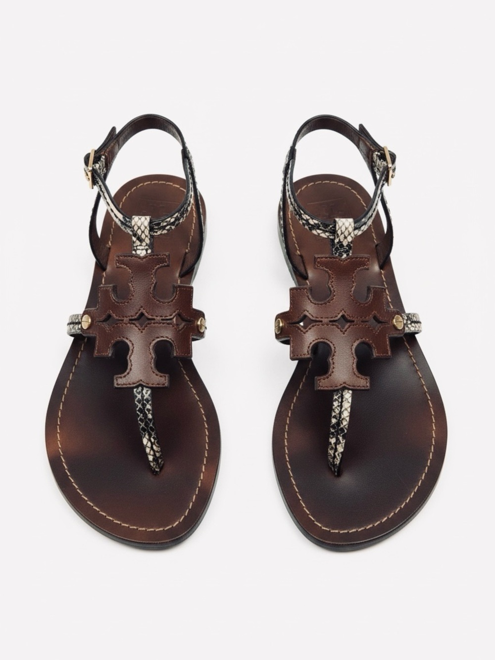 Tory Burch Phoebe Flat Thong Ankle Sandals size 7.5 in Brown Snake Print